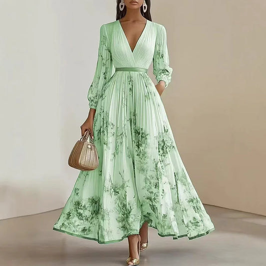 Spring Long-sleeved High Waist Pleated Dress Robes for Woman Sexy V Neck Hollow Long Party Dress Fashion Floral Print Maxi Dress - HER SHOP
