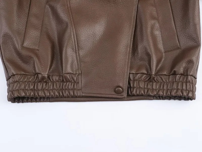 Trendy Solid PU Leather Moto Jacket for Women – Winter 2025 Turtleneck Retro Asymmetrical Vintage Coat