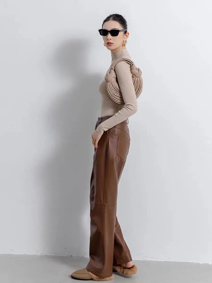 Leather Long Pants Women New Commuter Waist Slim Sheepskin Wide Leg Full Length Straight Cylinder Trousers