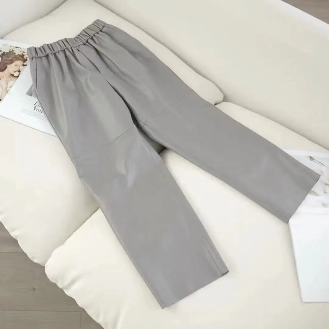 Women’s Genuine Sheepskin Leather Pants – High Waist Straight Fit Ankle-Length Trousers