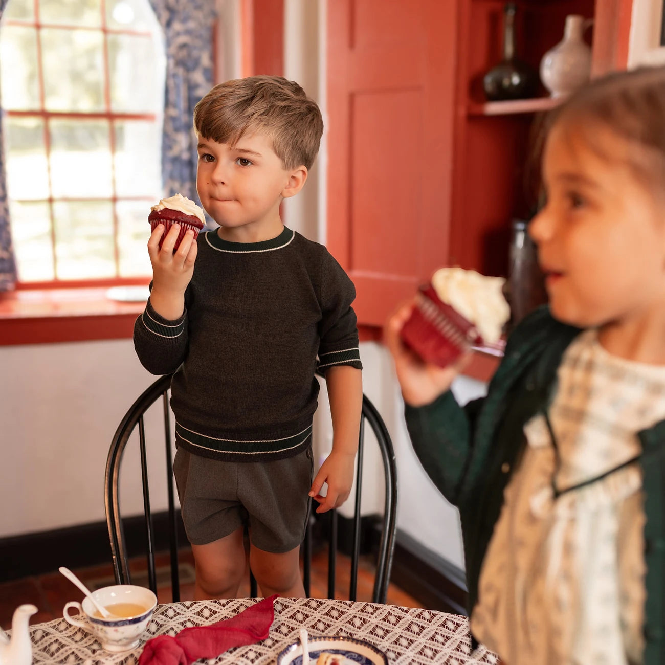 AP Tea Time Collection AW25 Girls Dress Boys Knitting Blazer Sweater Green Floral Cotton Family Matching Clothing
