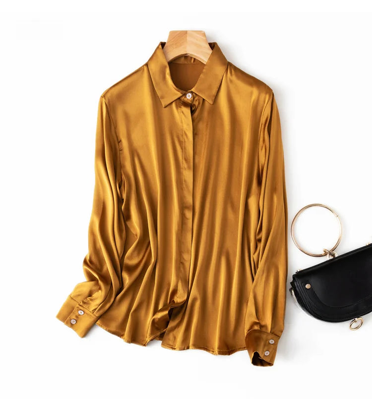 Women's 93% Mulberry Silk 7% Spandex 19 momme satin Silk Buttons down long sleeve shirt Top Blouse office work M L XL MM161