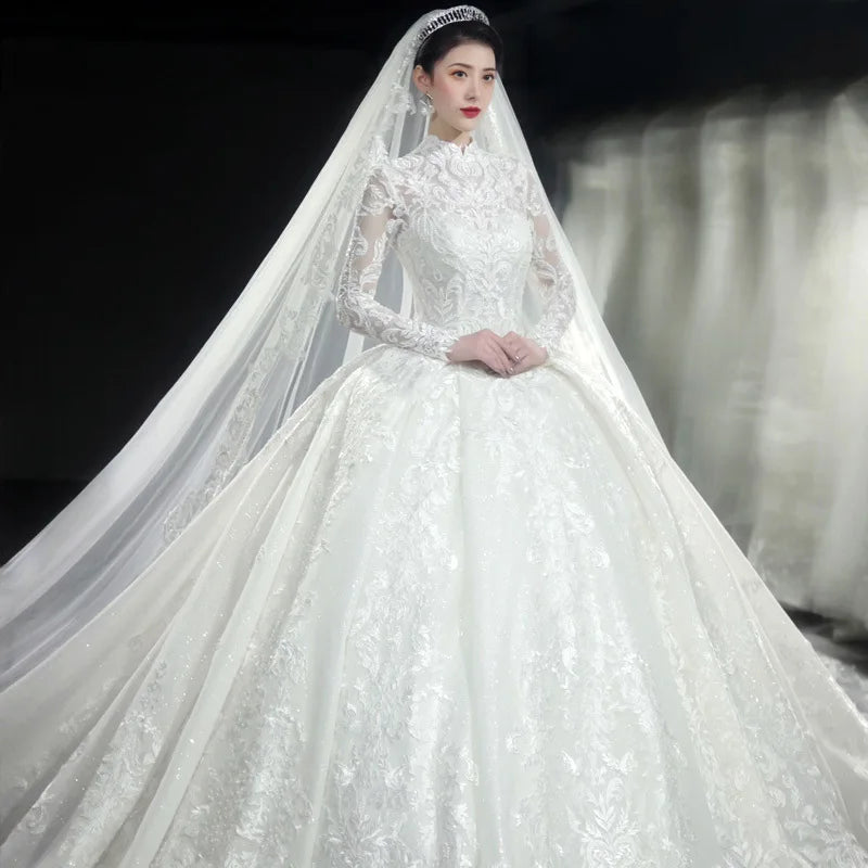 Elegant Modest Wedding Dress 2025 Long Sleeve Lace Embroidery Ball Gown Custom Princess Style - HER SHOP