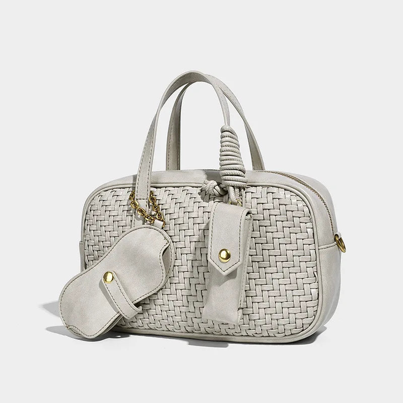 Women's Boston Bag 2025 Fall Winter New Woven Bowling Bag Unique Design Handheld Pack Trendy Light Luxury PU Leather Handbag