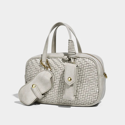 Women's Boston Bag 2025 Fall Winter New Woven Bowling Bag Unique Design Handheld Pack Trendy Light Luxury PU Leather Handbag - HER SHOP