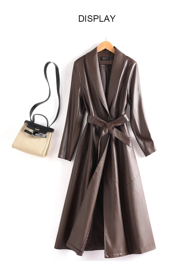 New Elegant Women’s Split Leather Trench Coat | Slim Waist Belted Long Coat with Suit Collar | Spring & Autumn Fashion Casual Outerwear
