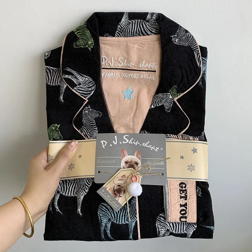 Women’s Cotton Cartoon Pajama Set – Long Sleeve Ankle-Length Pants Autumn Winter Homewear