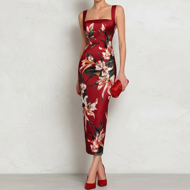Square Collar Backless Printed A-Line Summer Dress
