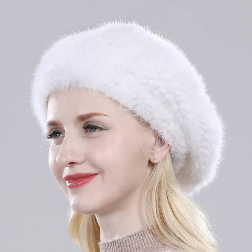 Hot Sale Winter Lady Natural Mink Fur Beanies Hat Knit Warm Striped Genuine Mink Fur Caps Women Good Elastic Real Mink Fur Hat