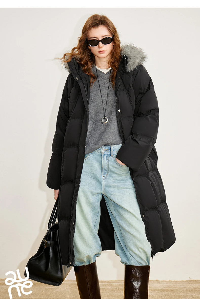 Women 90% White Duck Down Thick Down Jacket 2025 Winter New Fur Collar Hooded Extra Long Warm Jacket Coat