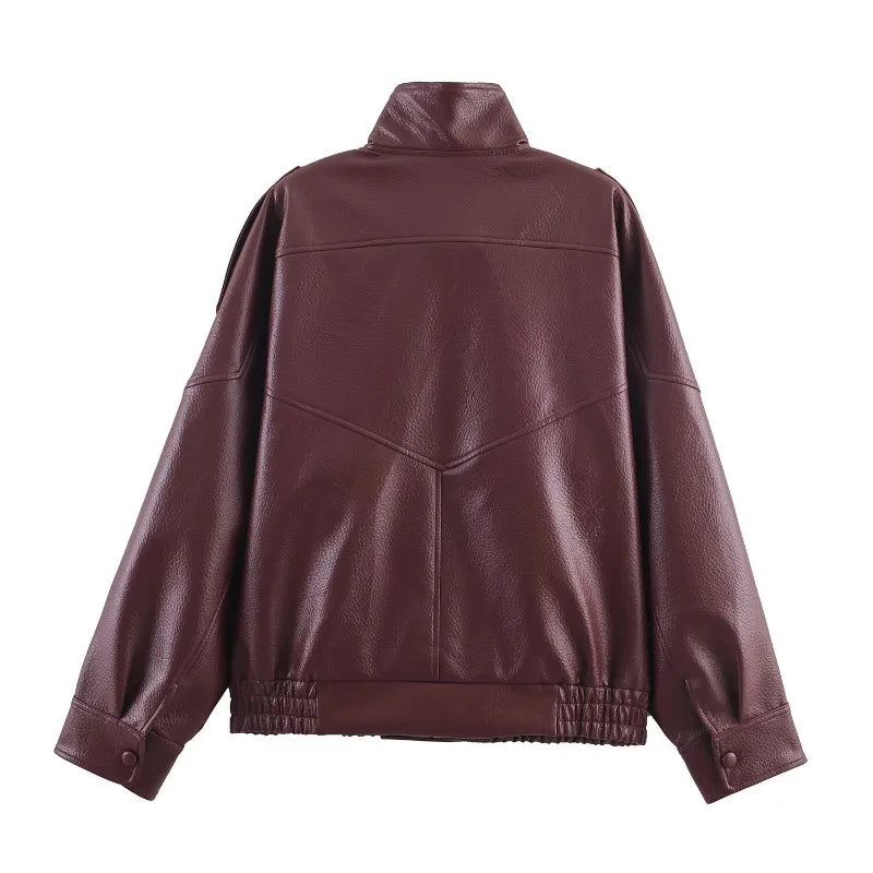 Trendy Solid PU Leather Moto Jacket for Women – Winter 2025 Turtleneck Retro Asymmetrical Vintage Coat