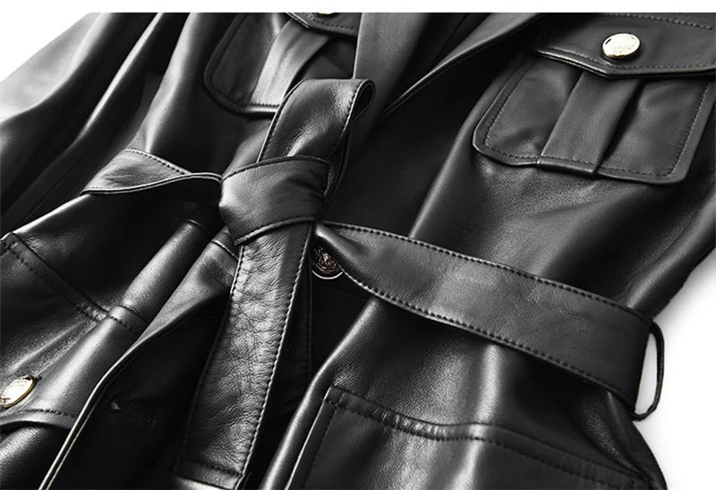 Women’s Genuine Sheepskin Leather Coat – Retro Belted Mid-Length Jacket with Gold Buckle, Suit Collar & Cargo Pockets