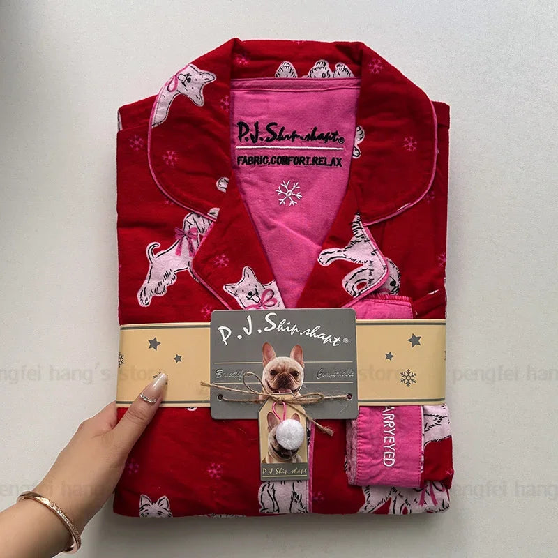 Women’s Cotton Cartoon Pajama Set – Long Sleeve Shirt & Pants Holiday Loungewear