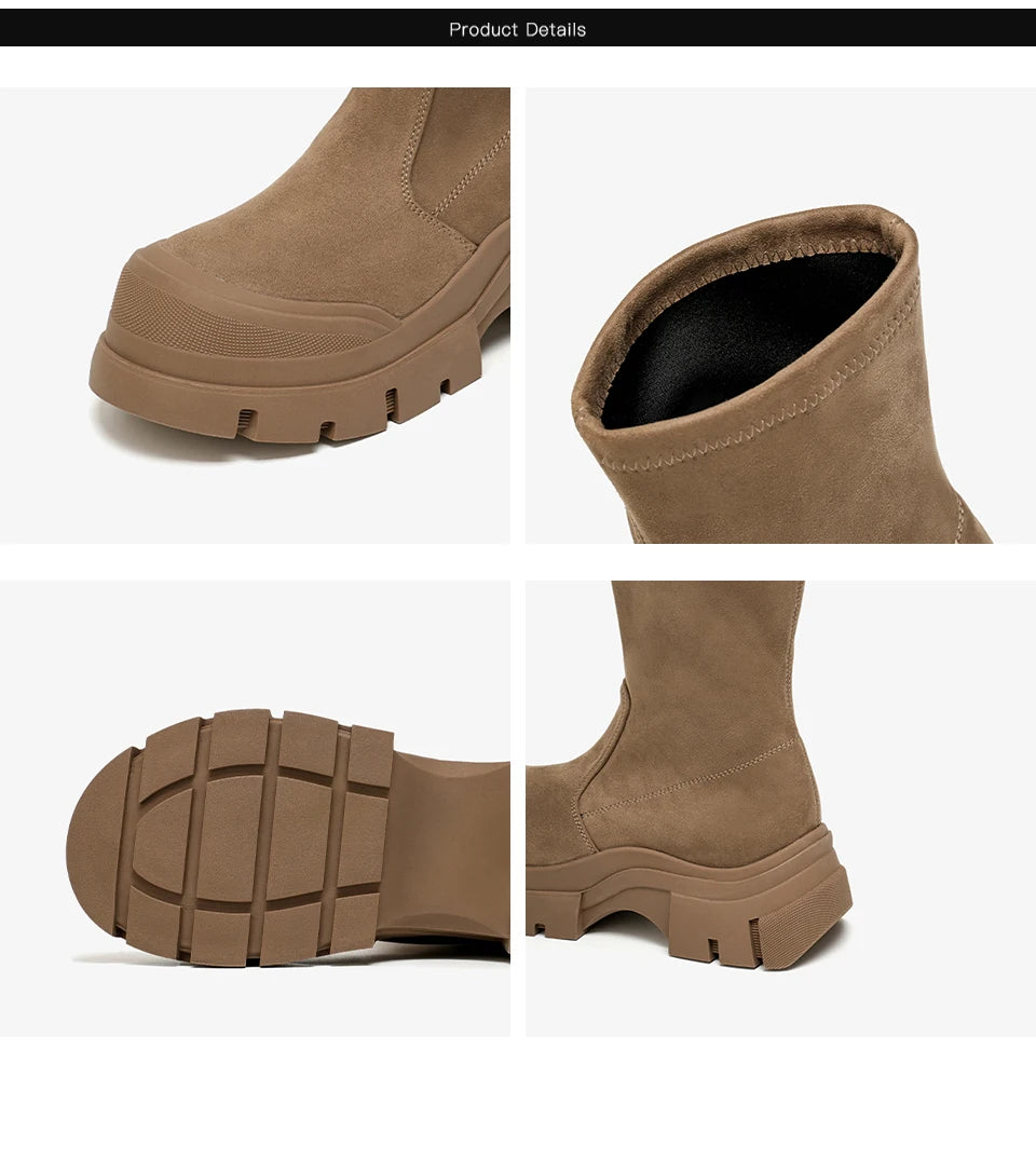 Women’s Stretch Fabric Sock Boots – Handmade Round Toe Slip-On Platform Boots in Solid Color