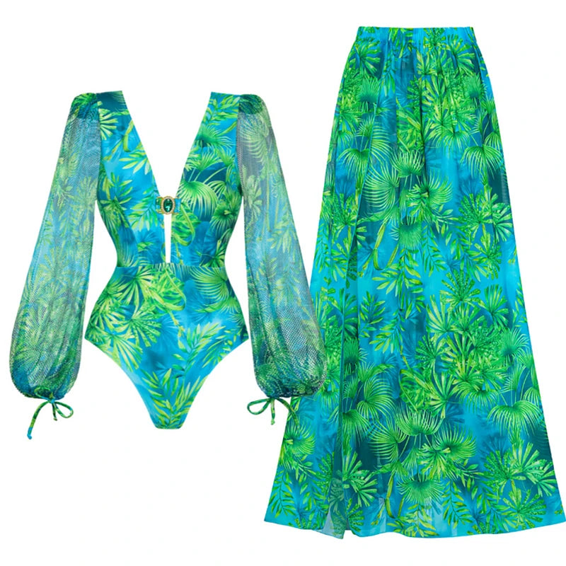 Jungle Green Deep V One-Piece Swimsuit with Skirt