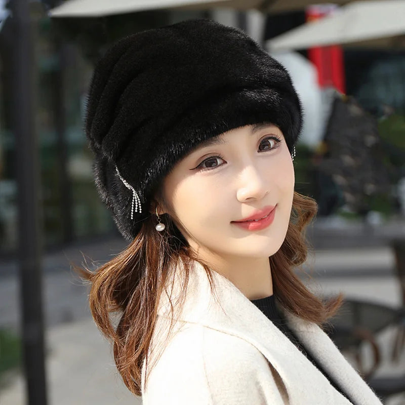 Whole Real Mink Fur Hat For Women's Caps Luxury Fashion Brand Real Fur Cap Christmas Hat Warm In Russian Winter Lady Fur Hat