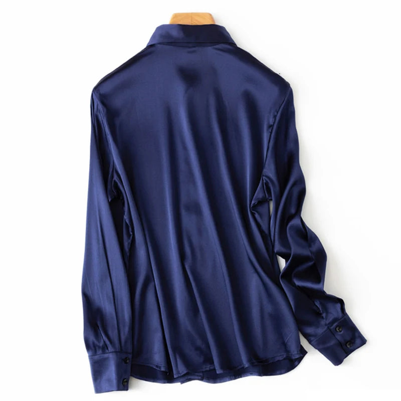 Women's 93% Mulberry Silk 7% Spandex 19 momme satin Silk Buttons down long sleeve shirt Top Blouse office work M L XL MM161