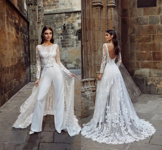 Illusion Long Sleeve Wedding Jumpsuit with Removable Train | Lace Floral Sheer Custom Bohemian Beach Bridal Pant Suit - HER SHOP