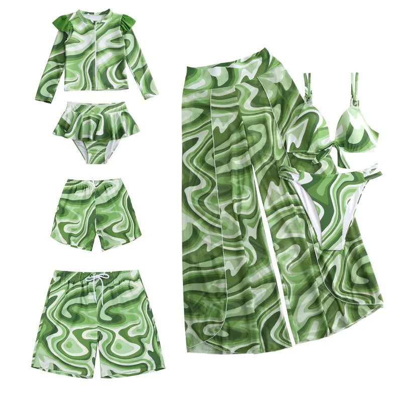 Leaf Print Swimwear Family Matching Outfits Look Mother Daughter Bikini Swimsuits Mommy and Me Clothes Dad Son Swimming Trunks