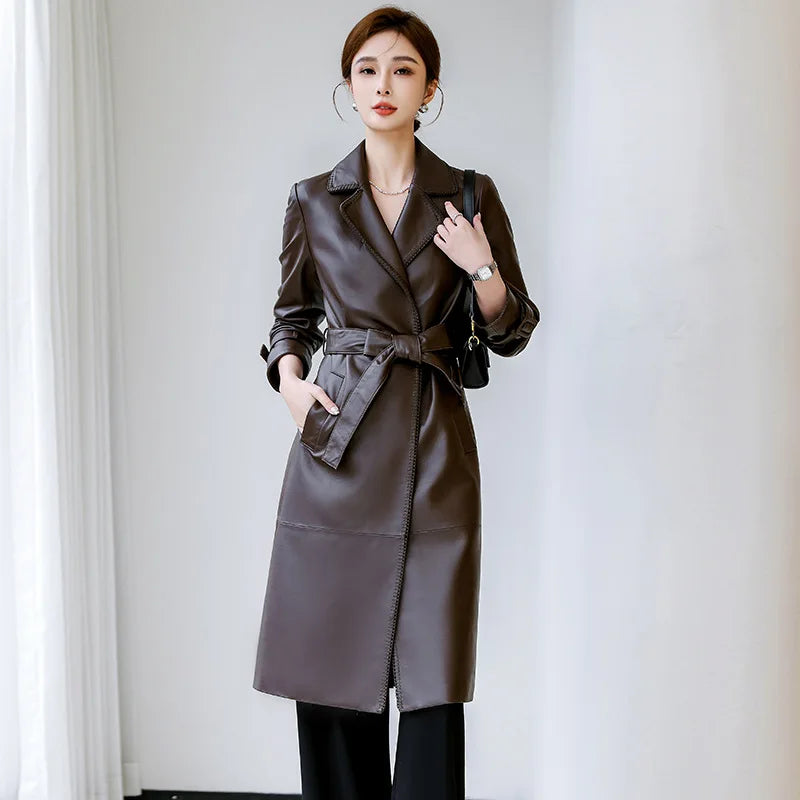 Women's Genuine Leather Trench Coat Lace-Up Long Slim Fit Spring Autumn Sheepskin Top