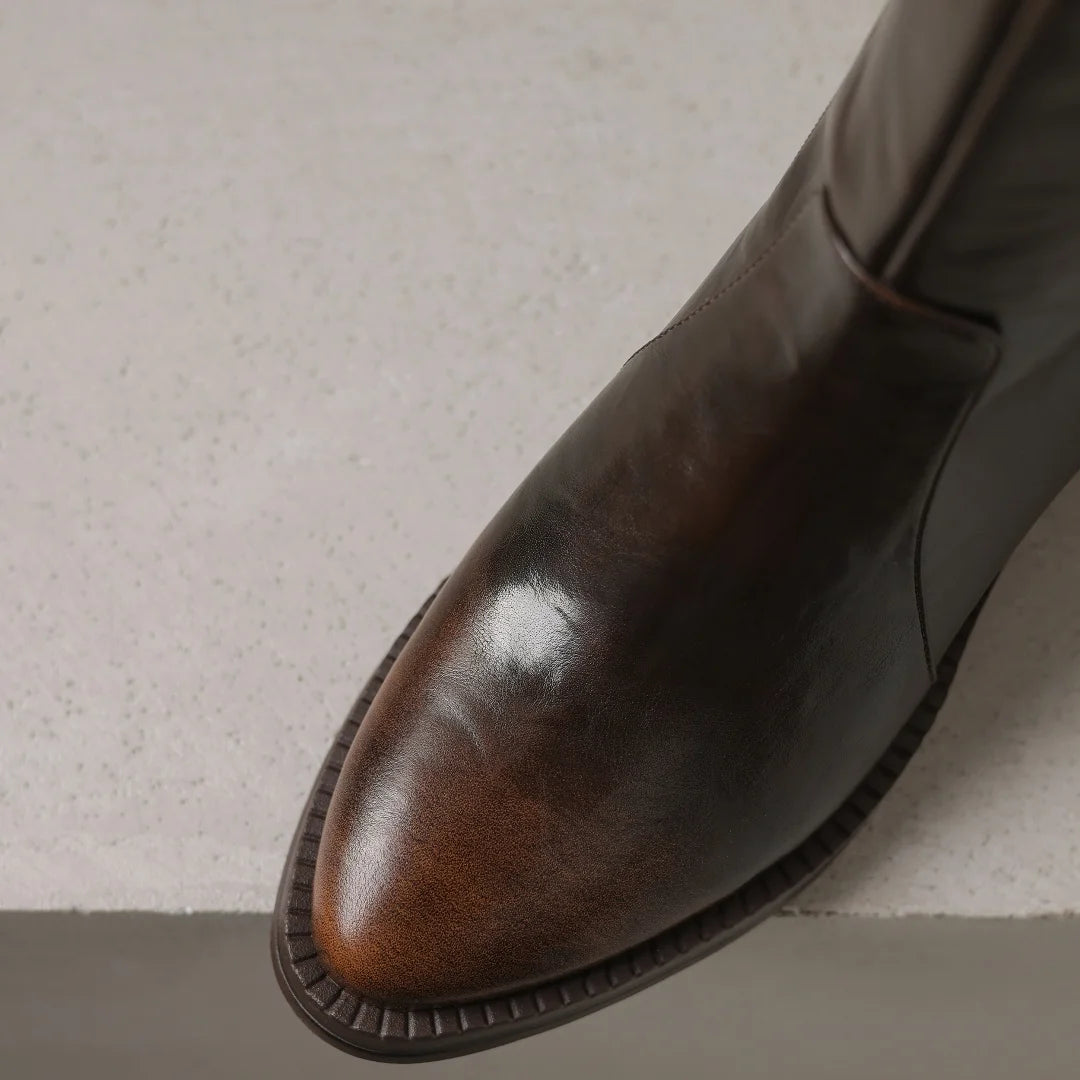 Women’s Genuine Leather & Flock Patchwork Knee-High Knight Boots – Side Zip, 5cm Thick Medium Heel, Casual Autumn Winter Long Boots