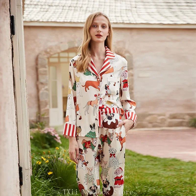 Elegant Pajama Set for Women – Long Sleeve Lapel Home Suit for Spring & Summer