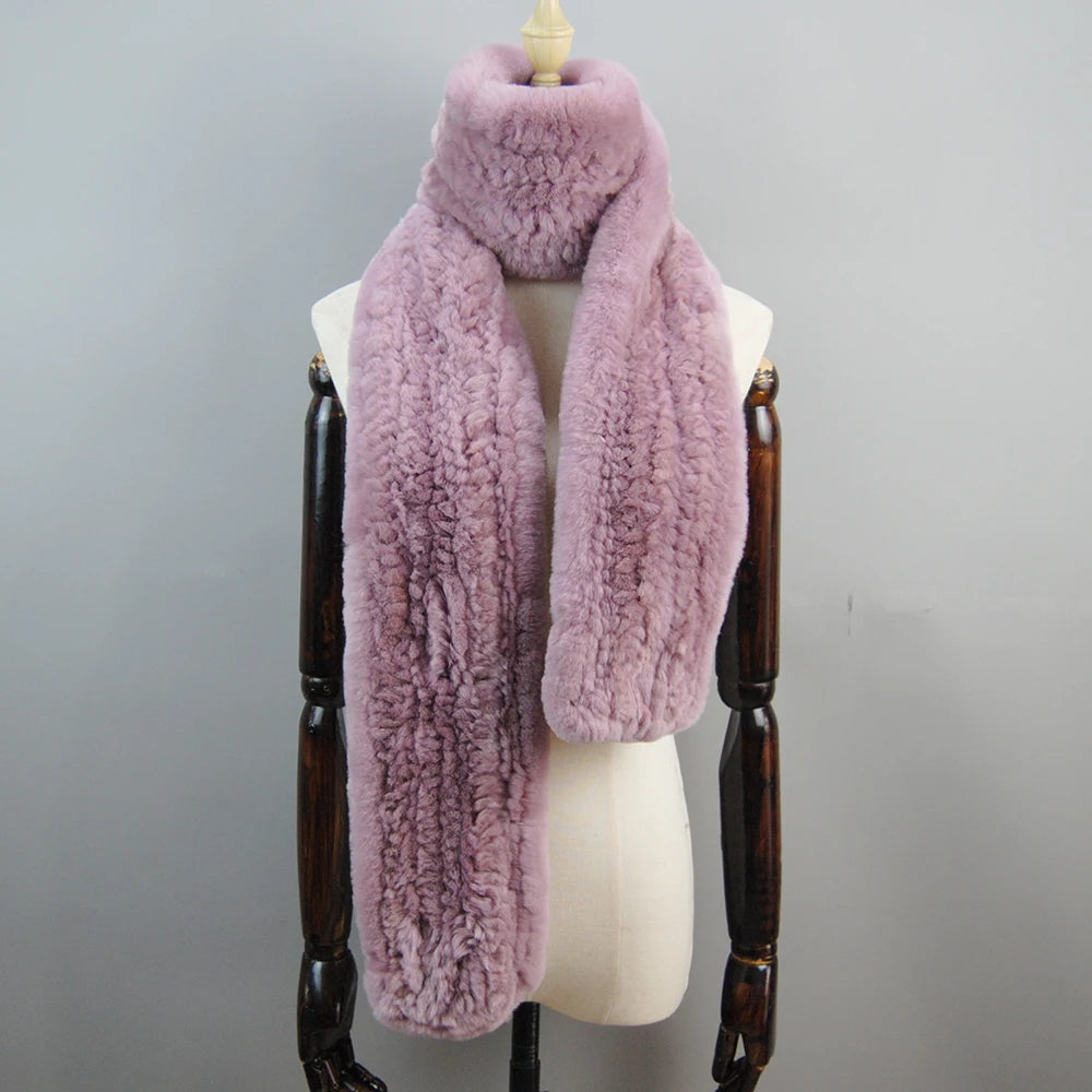 Long Style Genuine Rex Rabbit Fur Scarf– Women's Winter Knitted Ring Scarf & Luxury Muffler