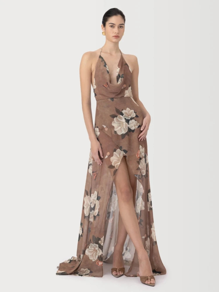 Halter Neck Printed Backless Asymmetrical Party Dress