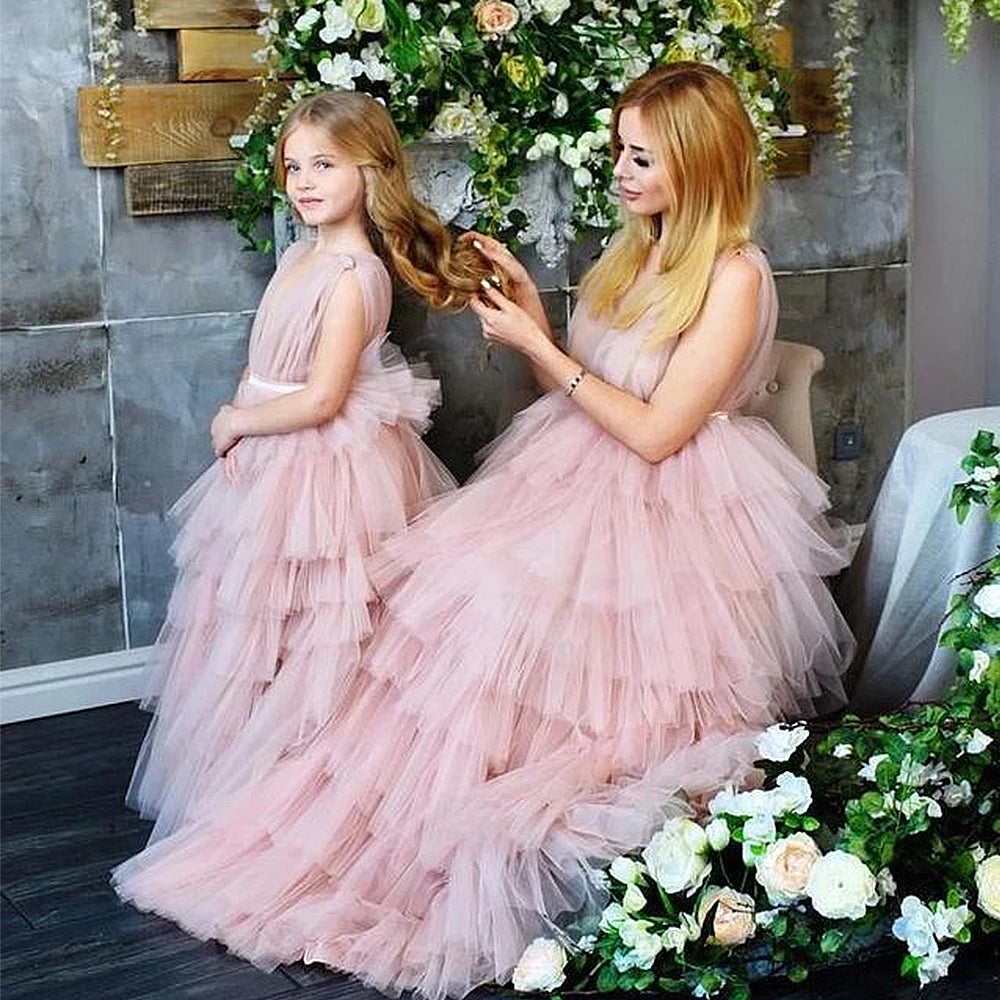 Elegant Pink Ruffled Mesh Tutu Dress for Mom and Daughter – Sleeveless Matching Outfits for Birthday Party, Prom, or Christmas Photoshoot - HER SHOP