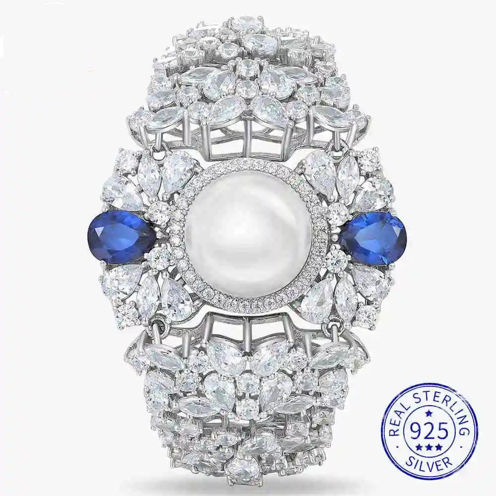 Luxury silver ring with pearl and sapphires, featuring wuha brand logo. - HER SHOP