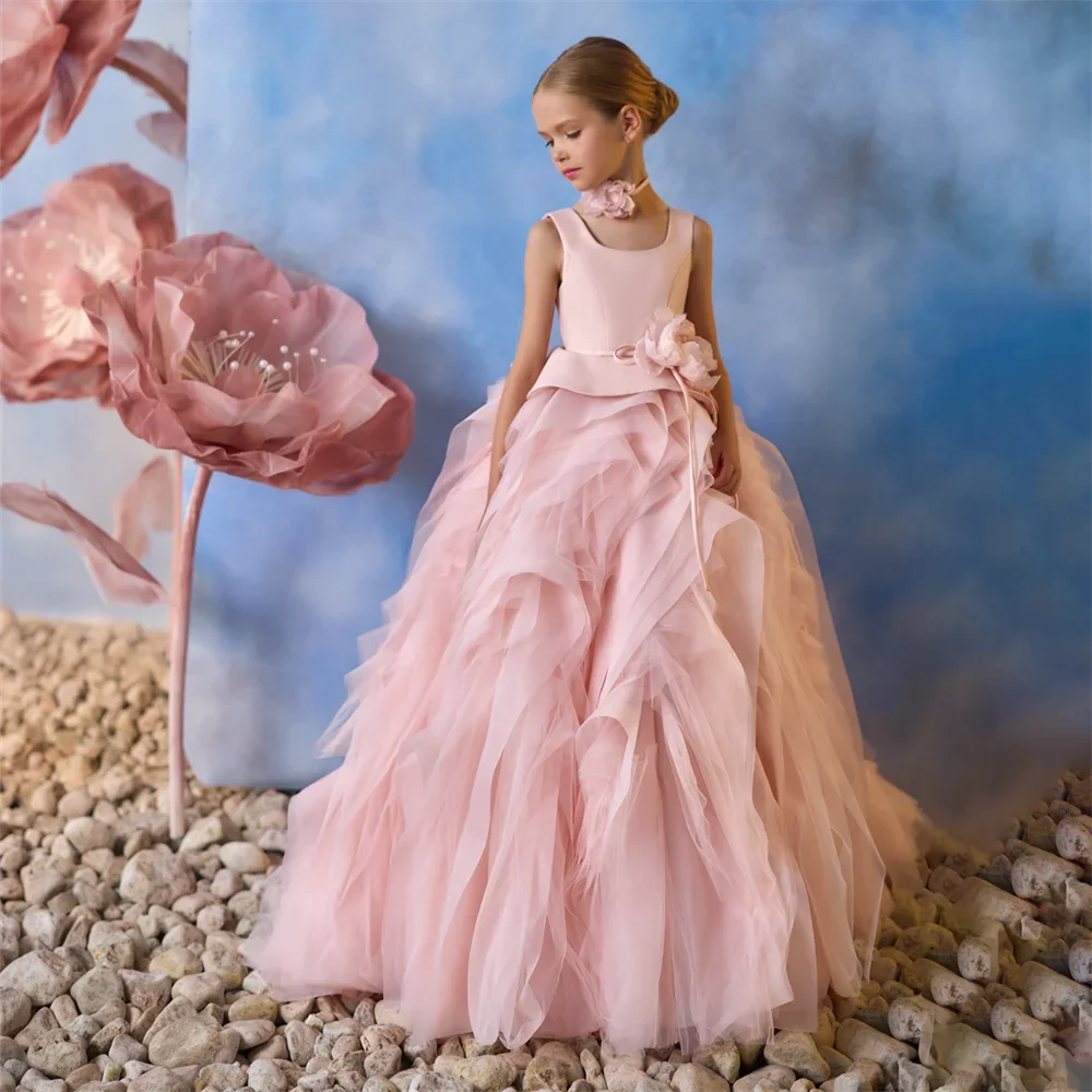 Flower Pleat Square Neck Sleeveless Communion Dress For Girl Floor Length Luxury Summer Sweep Train Wedding Party Gown New 2025 - HER SHOP