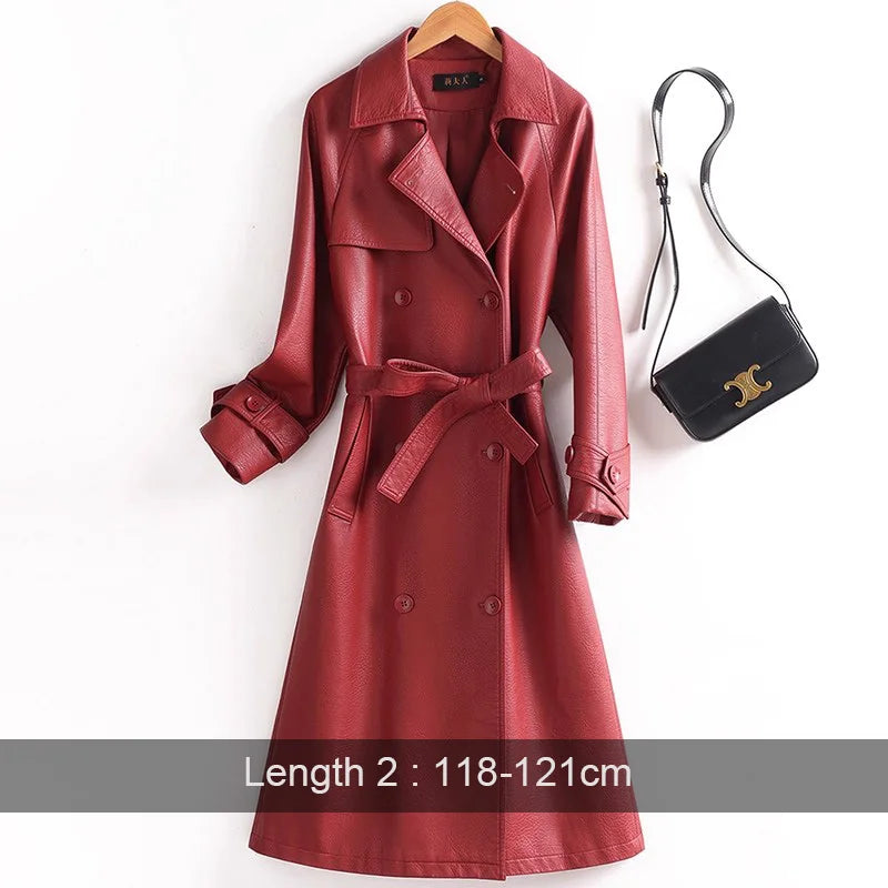 Product Title: Elegant Women'sSplit Leather Trench Coat  –  Double Breasted Slim Fit with Belt, Long Turn-Down Collar Coat for Autumn/Winter