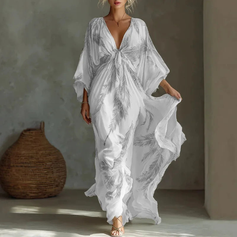 Women’s Feather Print Deep V-Neck Maxi Dress – Bohemian Batwing Sleeve Summer Resort Dress