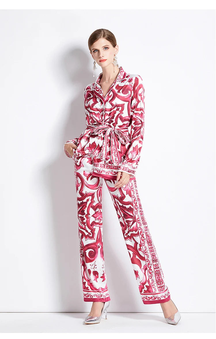 Autumn Women’s Porcelain Print Pantsuit – Red, Blue & White Notched Blouse with Belt + Wide-Leg Trousers Set