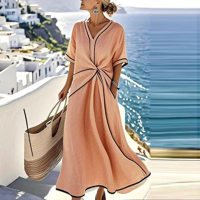 Elegant Striped Print V-Neck Maxi Dress – Short Sleeve Boho Casual Apricot / S