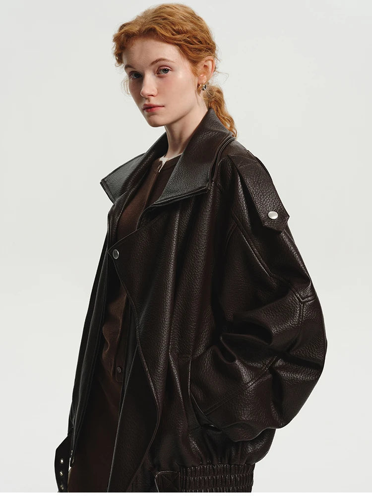 Women’s Oversized Brown PU Leather Jacket – Retro American Style, Long Sleeve Zip-Up, Luxury Designer-Inspired Outerwear for Spring & Autumn