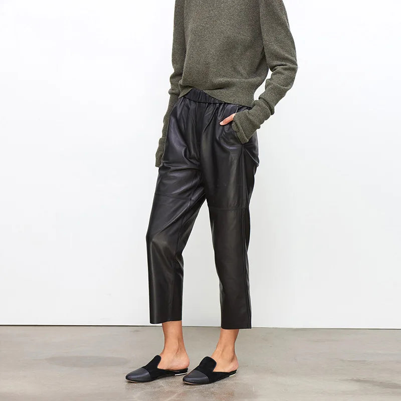 Women’s Genuine Sheepskin Leather Pants – High Waist Straight Fit Ankle-Length Trousers - HER SHOP