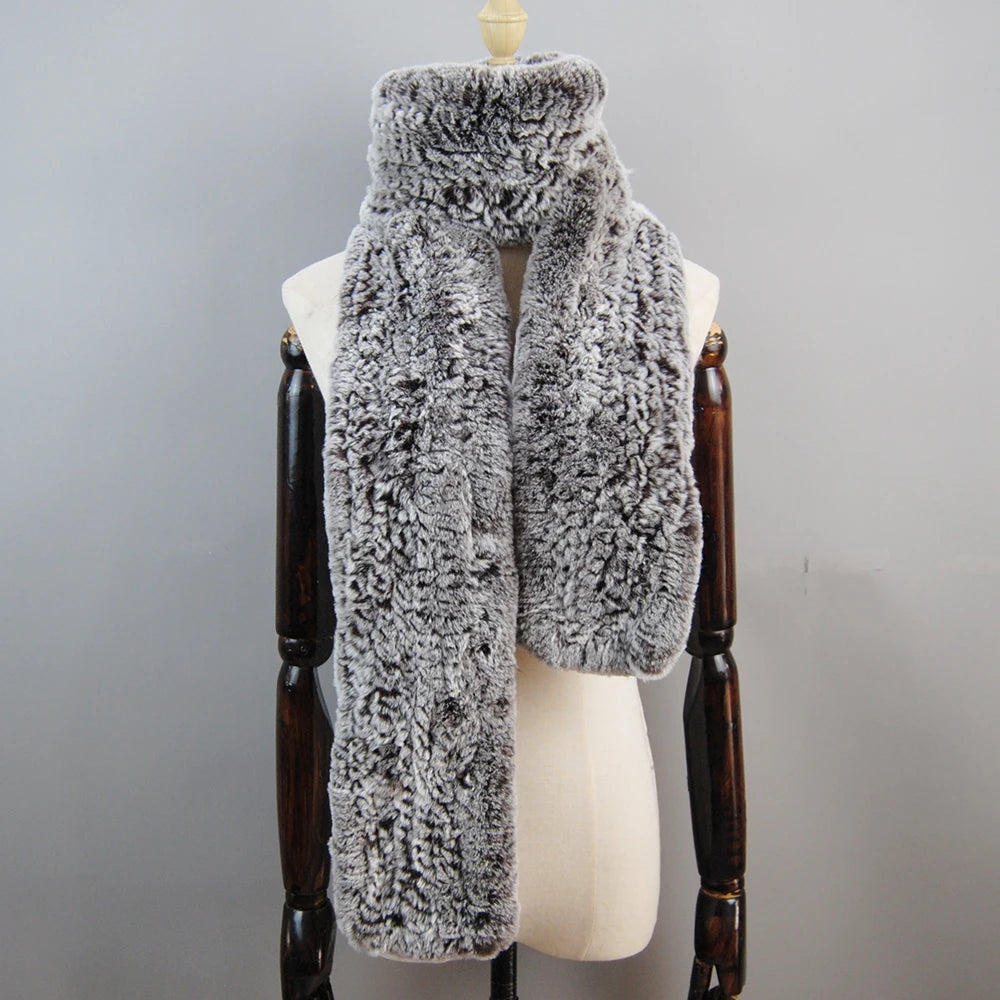 Long Style Genuine Rex Rabbit Fur Scarf– Women's Winter Knitted Ring Scarf & Luxury Muffler