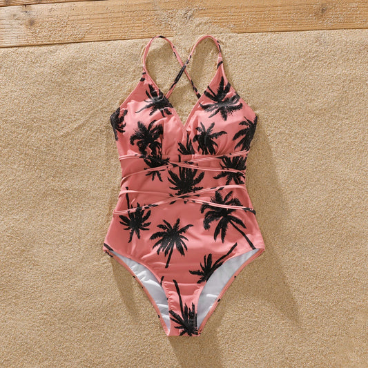 Family Matching Coconut Tree Print Swimwear – Pink Swim Trunks & Spaghetti Strap One-Piece Swimsuit - HER SHOP