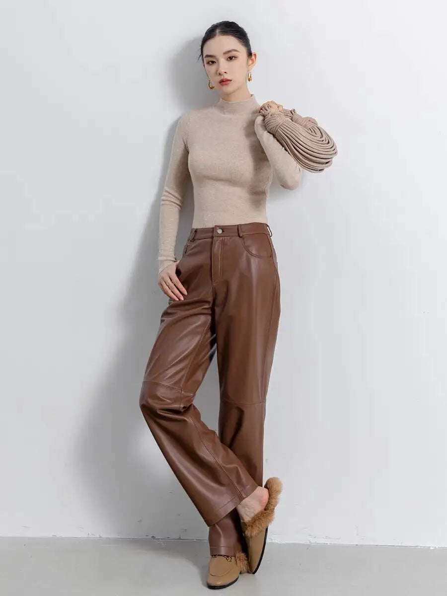 Leather Long Pants Women New Commuter Waist Slim Sheepskin Wide Leg Full Length Straight Cylinder Trousers