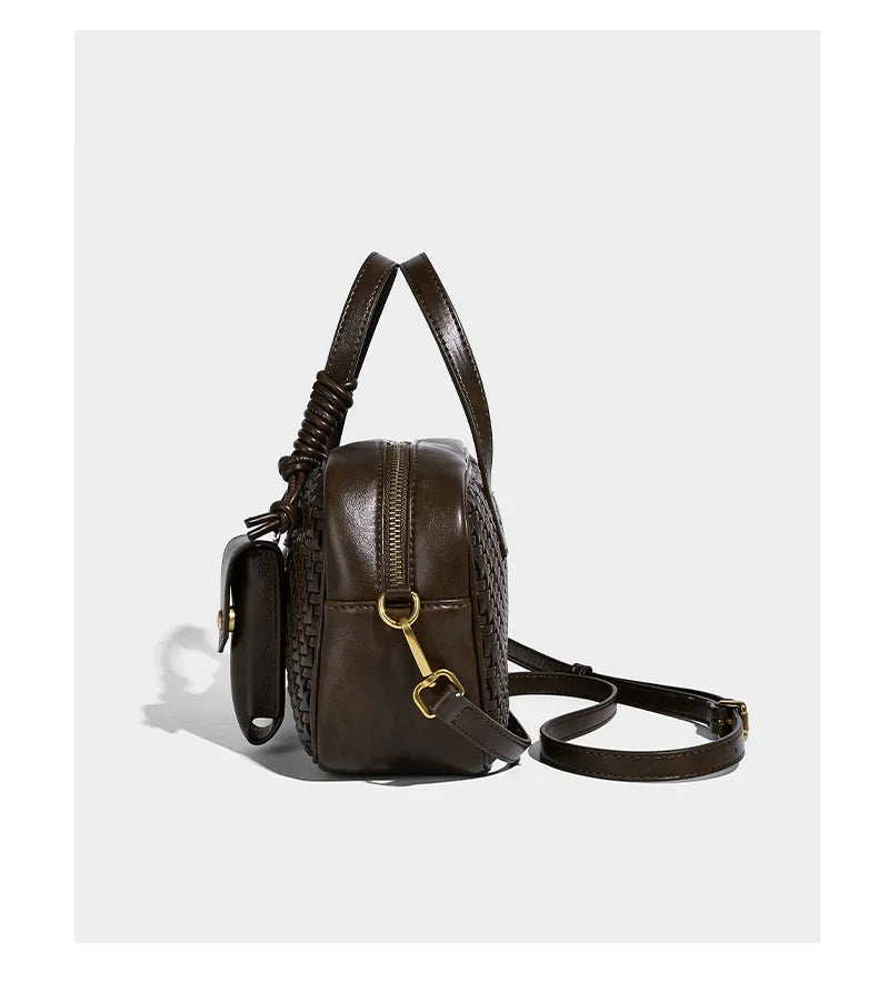 Women's Boston Bag 2025 Fall Winter New Woven Bowling Bag Unique Design Handheld Pack Trendy Light Luxury PU Leather Handbag