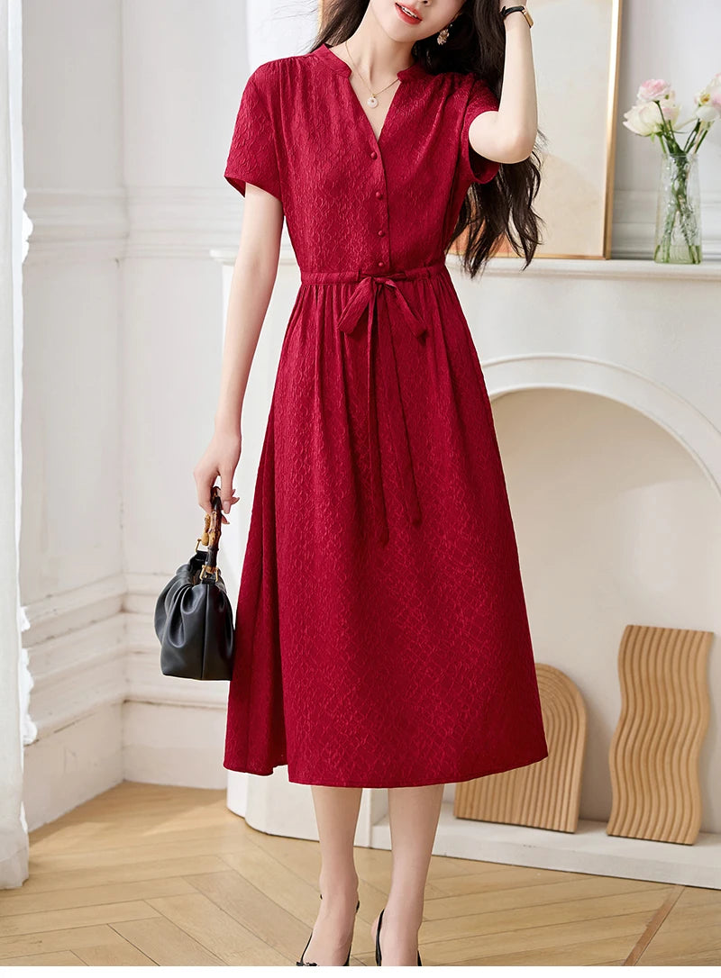 19 Momme Real Silk Elegant Fashion Dresses For Women 2026 Summer V-neck Short Sleeve Drawstring Office Lady Long Dress A-line