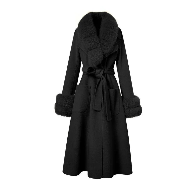 Women's Luxury Long Wool Coat with Detachable Fox Fur Collar – Winter & Autumn Trench Outerwear