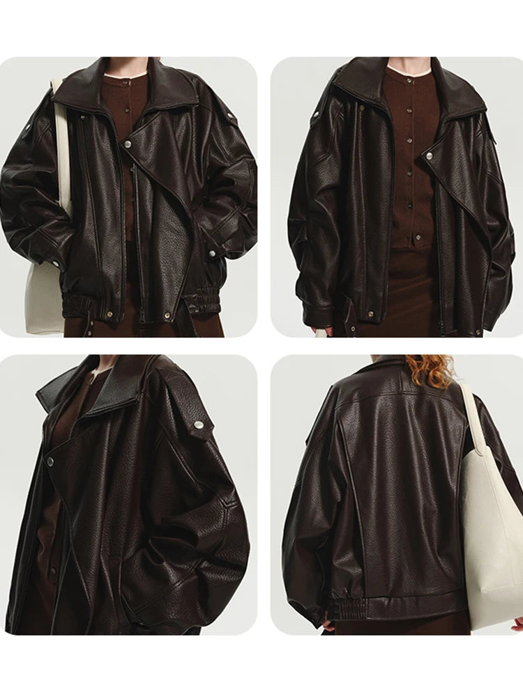 Women’s Oversized Brown PU Leather Jacket – Retro American Style, Long Sleeve Zip-Up, Luxury Designer-Inspired Outerwear for Spring & Autumn