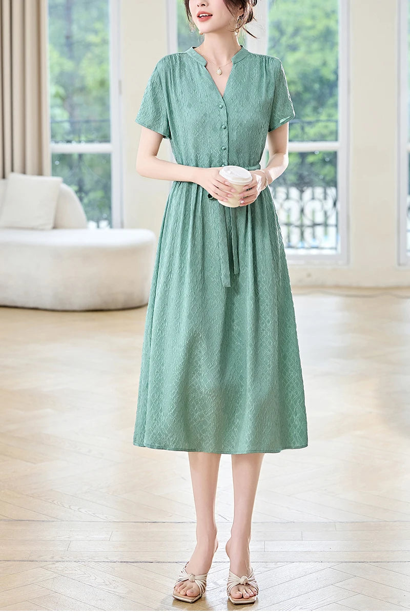 19 Momme Real Silk Elegant Fashion Dresses For Women 2026 Summer V-neck Short Sleeve Drawstring Office Lady Long Dress A-line