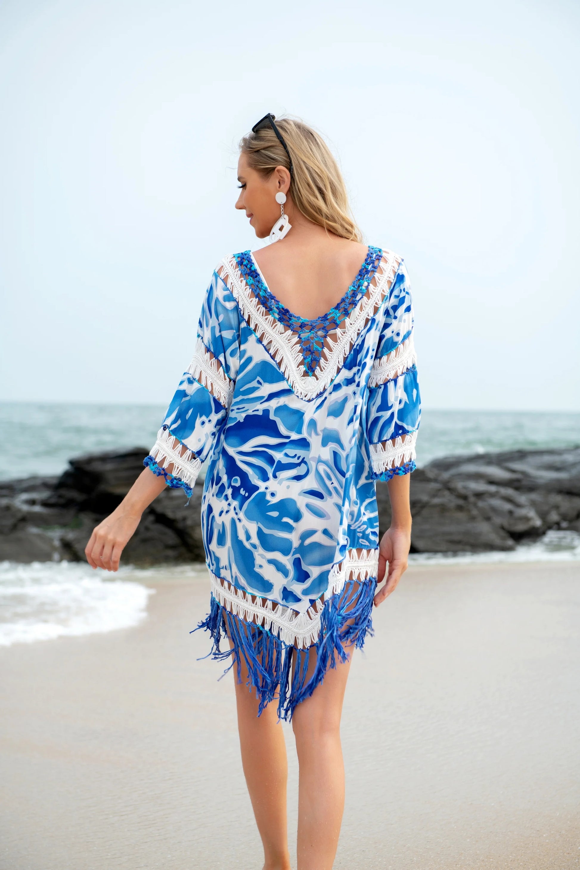 Women’s Crochet Beach Dress Cover-Up – Hollow-Out Long Sleeve Swimwear Tunic