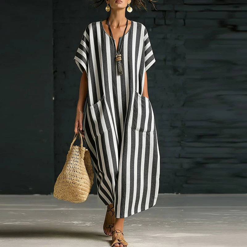 Women's Striped Boho Maxi Dress – Casual V-Neck Summer Beach Dress with Pockets