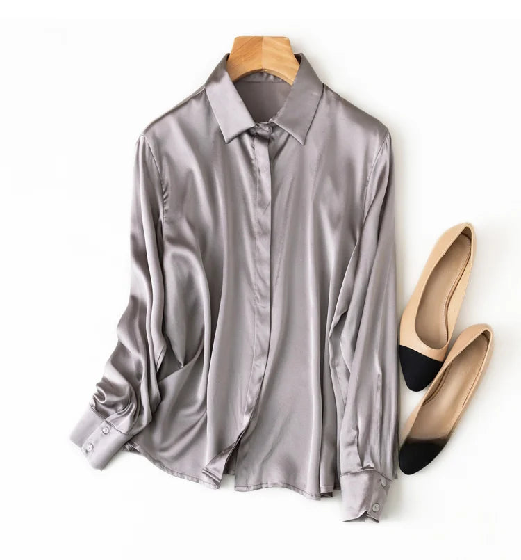 Women's 93% Mulberry Silk 7% Spandex 19 momme satin Silk Buttons down long sleeve shirt Top Blouse office work M L XL MM161