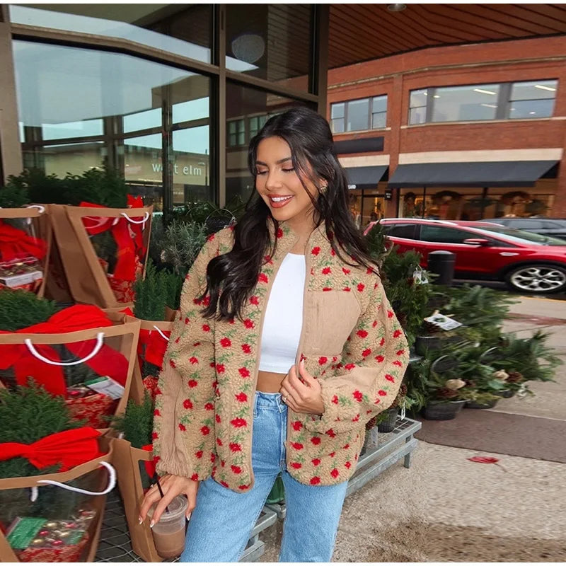 Retro Printed Plush Zipper Short Jacket Women Casual Loose High Neck Pocket Jackets Coat Lady 2025 Versatile Chic Street Outwear