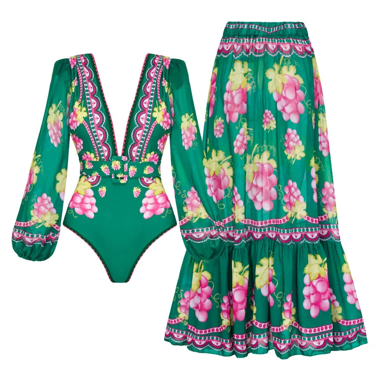 Jungle Green Deep V One-Piece Swimsuit with Skirt